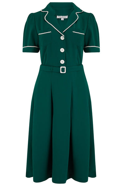 The "Kitty" Shirtwaister Dress in Green with Contrast Ric-Rac, True Late 40s Early 1950s Vintage Style - True and authentic vintage style clothing, inspired by the Classic styles of CC41 , WW2 and the fun 1950s RocknRoll era, for everyday wear plus events like Goodwood Revival, Twinwood Festival and Viva Las Vegas Rockabilly Weekend Rock n Romance Rock n Romance