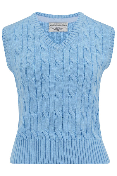 Cable Knit Slipover in Sky Blue, Stunning 1940s True Vintage Style - True and authentic vintage style clothing, inspired by the Classic styles of CC41 , WW2 and the fun 1950s RocknRoll era, for everyday wear plus events like Goodwood Revival, Twinwood Festival and Viva Las Vegas Rockabilly Weekend Rock n Romance The Seamstress Of Bloomsbury