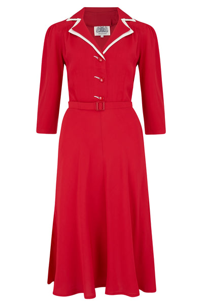 Long sleeve Lisa - Mae Dress in red with contrast under collar, Authentic 1940s Vintage Style at its Best - True and authentic vintage style clothing, inspired by the Classic styles of CC41 , WW2 and the fun 1950s RocknRoll era, for everyday wear plus events like Goodwood Revival, Twinwood Festival and Viva Las Vegas Rockabilly Weekend Rock n Romance The Seamstress Of Bloomsbury