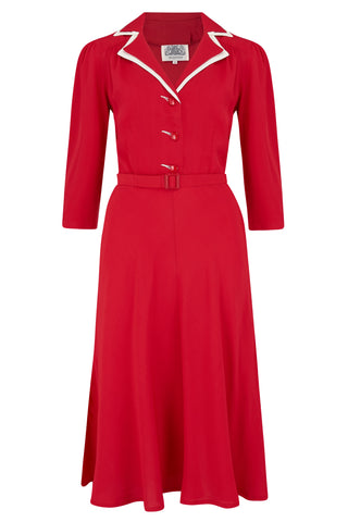 Long sleeve Lisa - Mae Dress in red with contrast under collar, Authentic 1940s Vintage Style at its Best - CC41, Goodwood Revival, Twinwood Festival, Viva Las Vegas Rockabilly Weekend Rock n Romance The Seamstress Of Bloomsbury