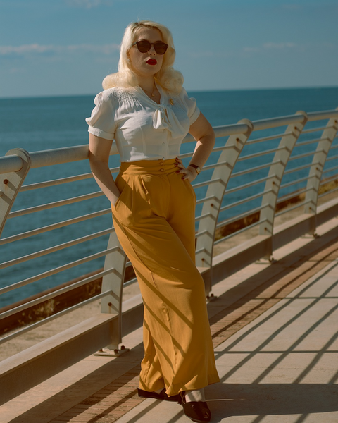 The "Sophia" Palazzo Wide Leg Trousers in Mustard, Easy To Wear Vintage Inspired Style - True and authentic vintage style clothing, inspired by the Classic styles of CC41 , WW2 and the fun 1950s RocknRoll era, for everyday wear plus events like Goodwood Revival, Twinwood Festival and Viva Las Vegas Rockabilly Weekend Rock n Romance Rock n Romance