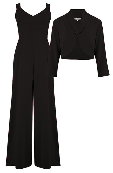 The "Lana" Palazzo Jump Suit & Bolero 2pc Set in Black, Easy To Wear Vintage Style - True and authentic vintage style clothing, inspired by the Classic styles of CC41 , WW2 and the fun 1950s RocknRoll era, for everyday wear plus events like Goodwood Revival, Twinwood Festival and Viva Las Vegas Rockabilly Weekend Rock n Romance Rock n Romance