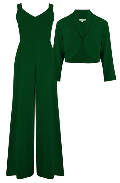 The "Lana" Palazzo Jump Suit & Bolero 2pc Set in Green, Easy To Wear Vintage Style - True and authentic vintage style clothing, inspired by the Classic styles of CC41 , WW2 and the fun 1950s RocknRoll era, for everyday wear plus events like Goodwood Revival, Twinwood Festival and Viva Las Vegas Rockabilly Weekend Rock n Romance Rock n Romance