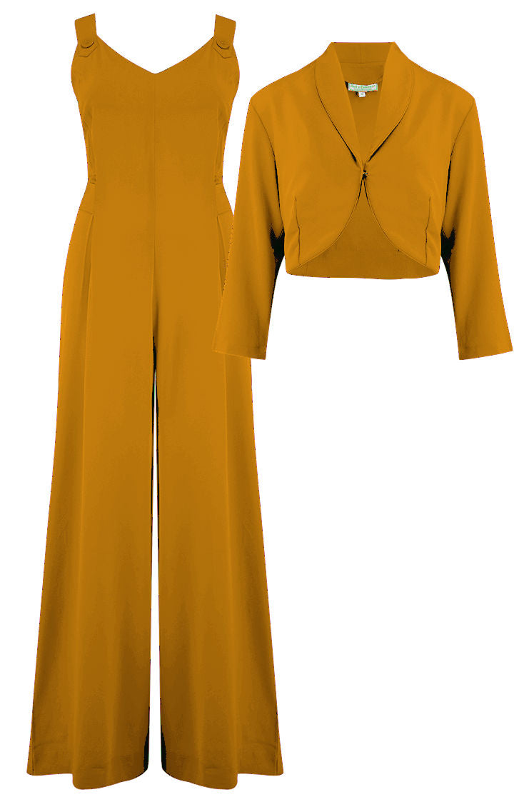 The "Lana" Palazzo Jump Suit & Bolero 2pc Set in Mustard, Easy To Wear Vintage Style - True and authentic vintage style clothing, inspired by the Classic styles of CC41 , WW2 and the fun 1950s RocknRoll era, for everyday wear plus events like Goodwood Revival, Twinwood Festival and Viva Las Vegas Rockabilly Weekend Rock n Romance Rock n Romance