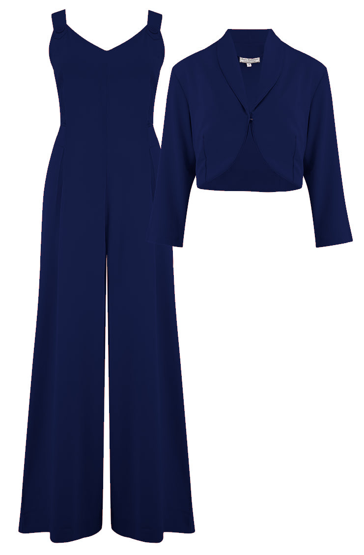 The "Lana" Palazzo Jump Suit & Bolero 2pc Set in Navy, Easy To Wear Vintage Style - True and authentic vintage style clothing, inspired by the Classic styles of CC41 , WW2 and the fun 1950s RocknRoll era, for everyday wear plus events like Goodwood Revival, Twinwood Festival and Viva Las Vegas Rockabilly Weekend Rock n Romance Rock n Romance