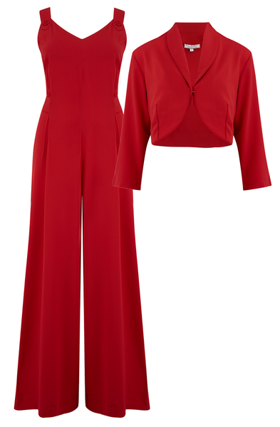 The "Lana" Palazzo Jump Suit & Bolero 2pc Set in Red, Easy To Wear Vintage Style - True and authentic vintage style clothing, inspired by the Classic styles of CC41 , WW2 and the fun 1950s RocknRoll era, for everyday wear plus events like Goodwood Revival, Twinwood Festival and Viva Las Vegas Rockabilly Weekend Rock n Romance Rock n Romance