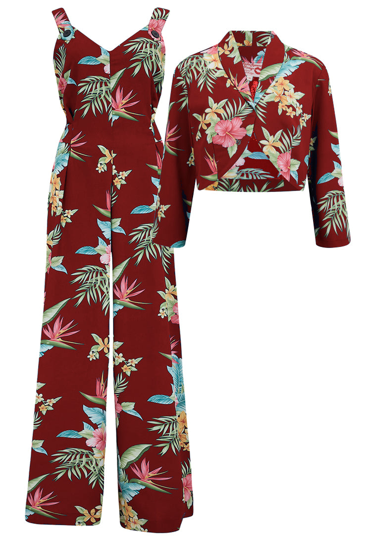 The "Lana" Jump Suit & Bolero 2pc Set in Wine Honolulu, Classic 1950s Tiki Style - CC41, Goodwood Revival, Twinwood Festival, Viva Las Vegas Rockabilly Weekend Rock n Romance Rock n Romance