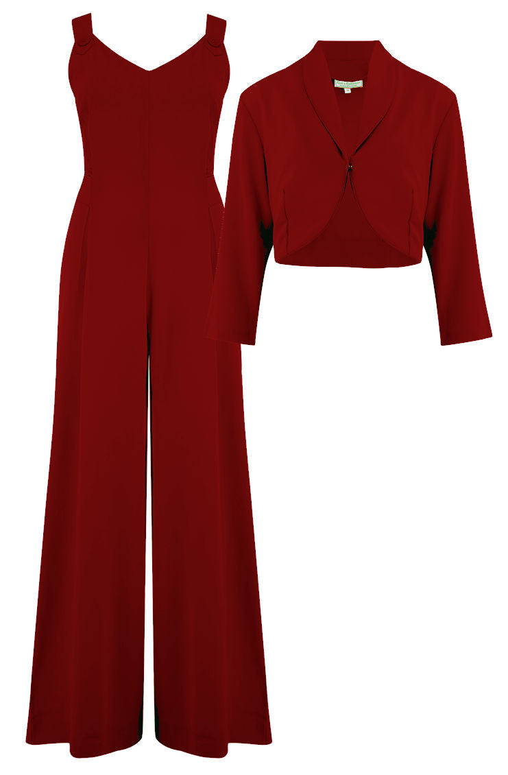 The "Lana" Palazzo Jump Suit & Bolero 2pc Set in Wine, Easy To Wear Vintage Style.. PLease Read Full Description.. - True and authentic vintage style clothing, inspired by the Classic styles of CC41 , WW2 and the fun 1950s RocknRoll era, for everyday wear plus events like Goodwood Revival, Twinwood Festival and Viva Las Vegas Rockabilly Weekend Rock n Romance Rock n Romance