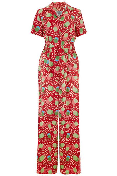 "Lauren" Siren Jump Suit in Slipper Atomic Satin Print by The Seamstress of Bloomsbury, Classic 1940s Vintage Style - True and authentic vintage style clothing, inspired by the Classic styles of CC41 , WW2 and the fun 1950s RocknRoll era, for everyday wear plus events like Goodwood Revival, Twinwood Festival and Viva Las Vegas Rockabilly Weekend Rock n Romance The Seamstress Of Bloomsbury