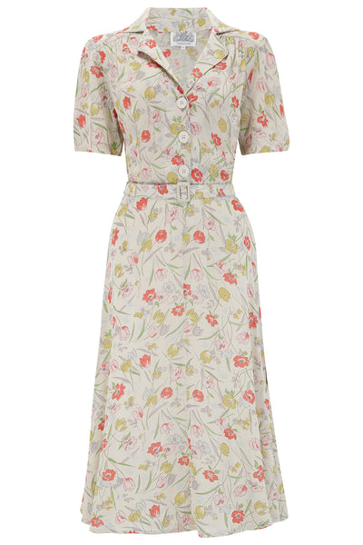 "Lisa" Tea Dress In Georgette - Poppy Print , Authentic 1940s Vintage Style - True and authentic vintage style clothing, inspired by the Classic styles of CC41 , WW2 and the fun 1950s RocknRoll era, for everyday wear plus events like Goodwood Revival, Twinwood Festival and Viva Las Vegas Rockabilly Weekend Rock n Romance The Seamstress Of Bloomsbury
