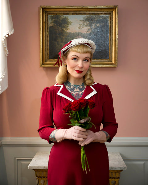 Long sleeve Lisa - Mae Dress in Wine with contrast under collar, Authentic 1940s Vintage Style at its Best - CC41, Goodwood Revival, Twinwood Festival, Viva Las Vegas Rockabilly Weekend Rock n Romance The Seamstress Of Bloomsbury