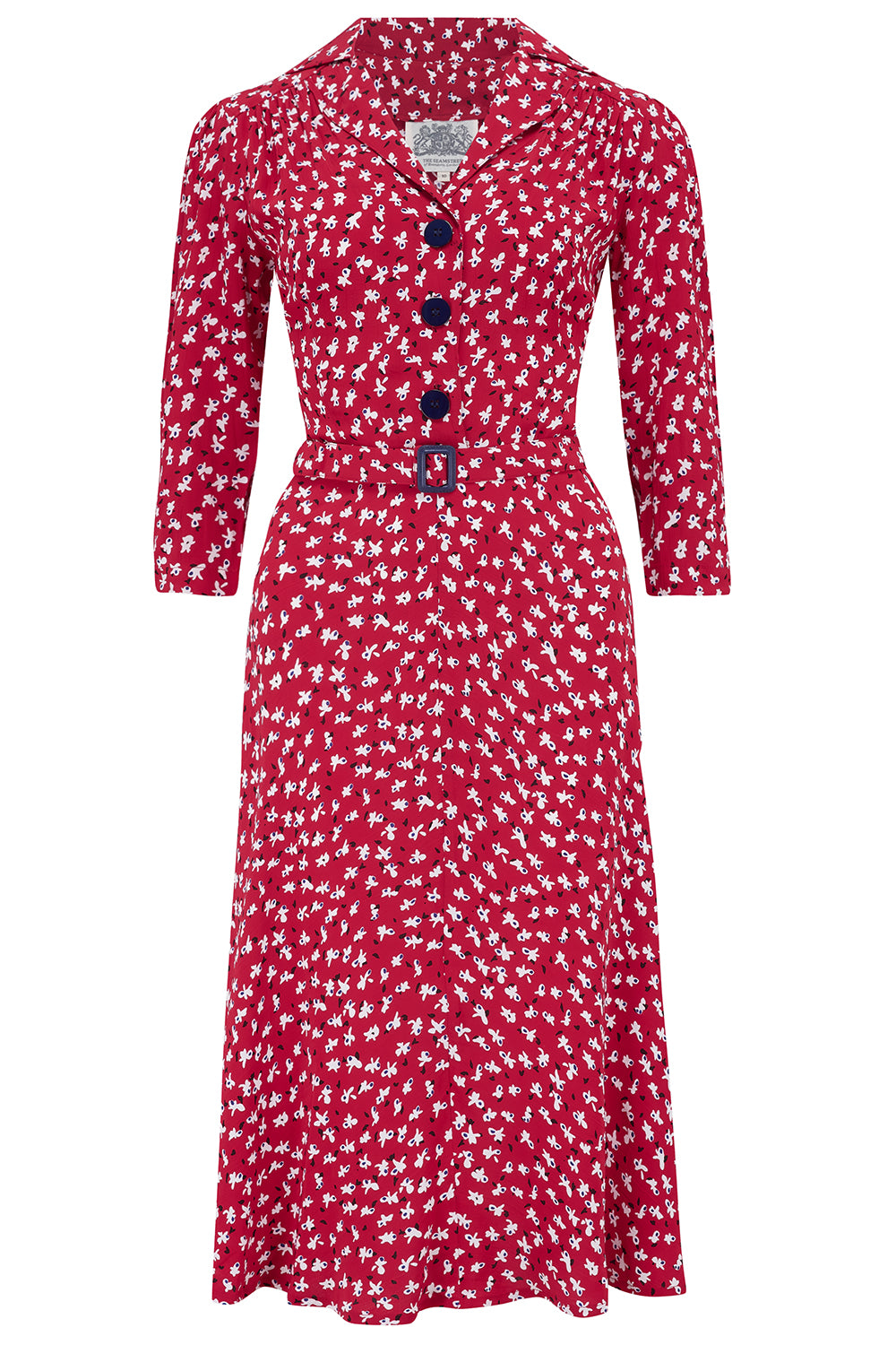 Lisa" Tea Dress with 3/4 Length Sleeves in Red Clover Print , Authentic 1940s Vintage Style - True and authentic vintage style clothing, inspired by the Classic styles of CC41 , WW2 and the fun 1950s RocknRoll era, for everyday wear plus events like Goodwood Revival, Twinwood Festival and Viva Las Vegas Rockabilly Weekend Rock n Romance The Seamstress Of Bloomsbury