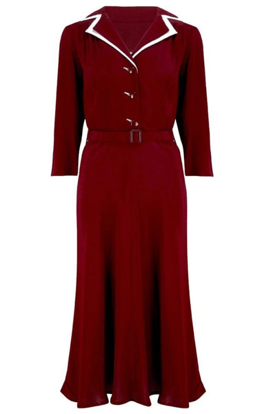 Long sleeve Lisa - Mae Dress in Wine with contrast under collar, Authentic 1940s Vintage Style at its Best - True and authentic vintage style clothing, inspired by the Classic styles of CC41 , WW2 and the fun 1950s RocknRoll era, for everyday wear plus events like Goodwood Revival, Twinwood Festival and Viva Las Vegas Rockabilly Weekend Rock n Romance The Seamstress Of Bloomsbury