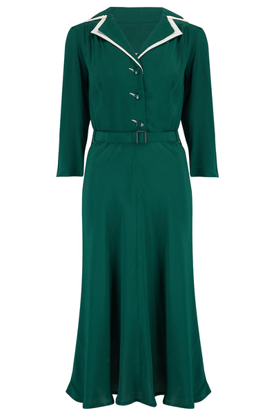 Long sleeve Lisa - Mae Dress in Green with contrast under collar, Authentic 1940s Vintage Style at its Best - True and authentic vintage style clothing, inspired by the Classic styles of CC41 , WW2 and the fun 1950s RocknRoll era, for everyday wear plus events like Goodwood Revival, Twinwood Festival and Viva Las Vegas Rockabilly Weekend Rock n Romance The Seamstress Of Bloomsbury