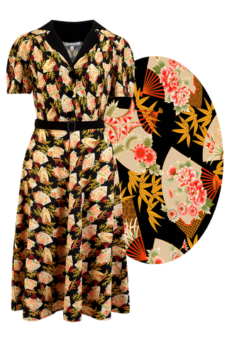 The “Lola" Shirtwaister Dress in Oriental Fan Print, Perfect 1950s Style - True vintage clothing outfit styles for Goodwood Revival and Viva Las Vegas Rockabilly Weekend Rock n Romance Rock n Romance