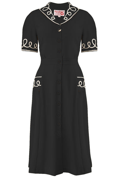 The "Loopy-Lou" Shirtwaister Dress in Black with Contrast RicRac, True 1950s Vintage Style - True and authentic vintage style clothing, inspired by the Classic styles of CC41 , WW2 and the fun 1950s RocknRoll era, for everyday wear plus events like Goodwood Revival, Twinwood Festival and Viva Las Vegas Rockabilly Weekend Rock n Romance Rock n Romance