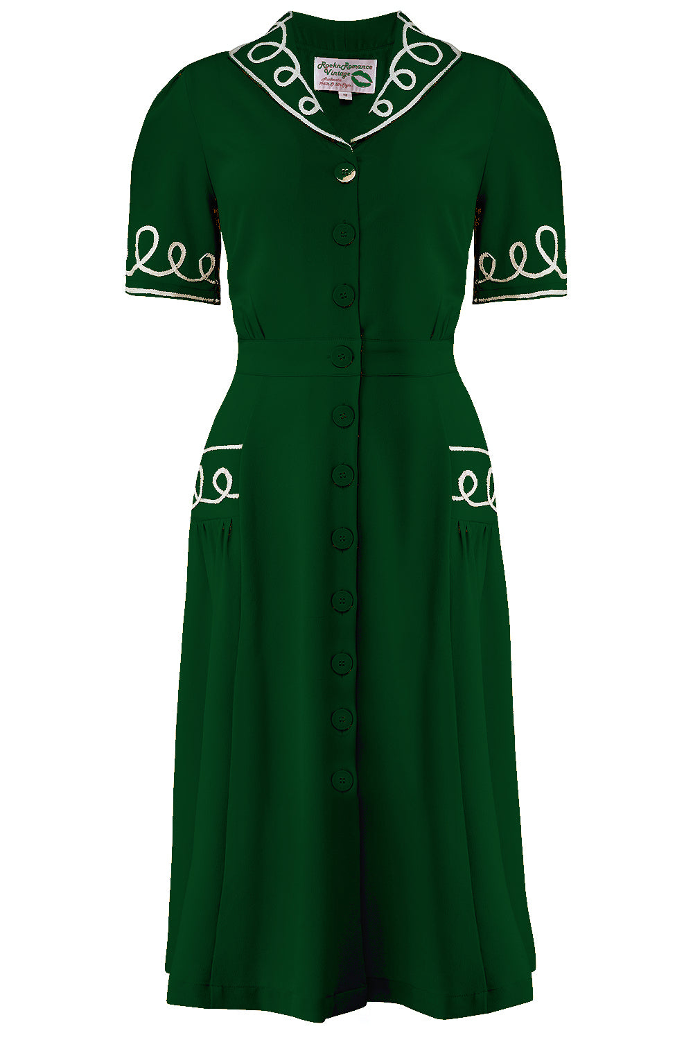 The "Loopy-Lou" Shirtwaister Dress in Green with Contrast RicRac, True 1950s Vintage Style - True and authentic vintage style clothing, inspired by the Classic styles of CC41 , WW2 and the fun 1950s RocknRoll era, for everyday wear plus events like Goodwood Revival, Twinwood Festival and Viva Las Vegas Rockabilly Weekend Rock n Romance Rock n Romance