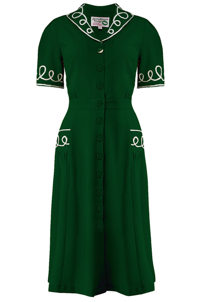 The "Loopy-Lou" Shirtwaister Dress in Green with Contrast RicRac, True 1950s Vintage Style - True and authentic vintage style clothing, inspired by the Classic styles of CC41 , WW2 and the fun 1950s RocknRoll era, for everyday wear plus events like Goodwood Revival, Twinwood Festival and Viva Las Vegas Rockabilly Weekend Rock n Romance Rock n Romance