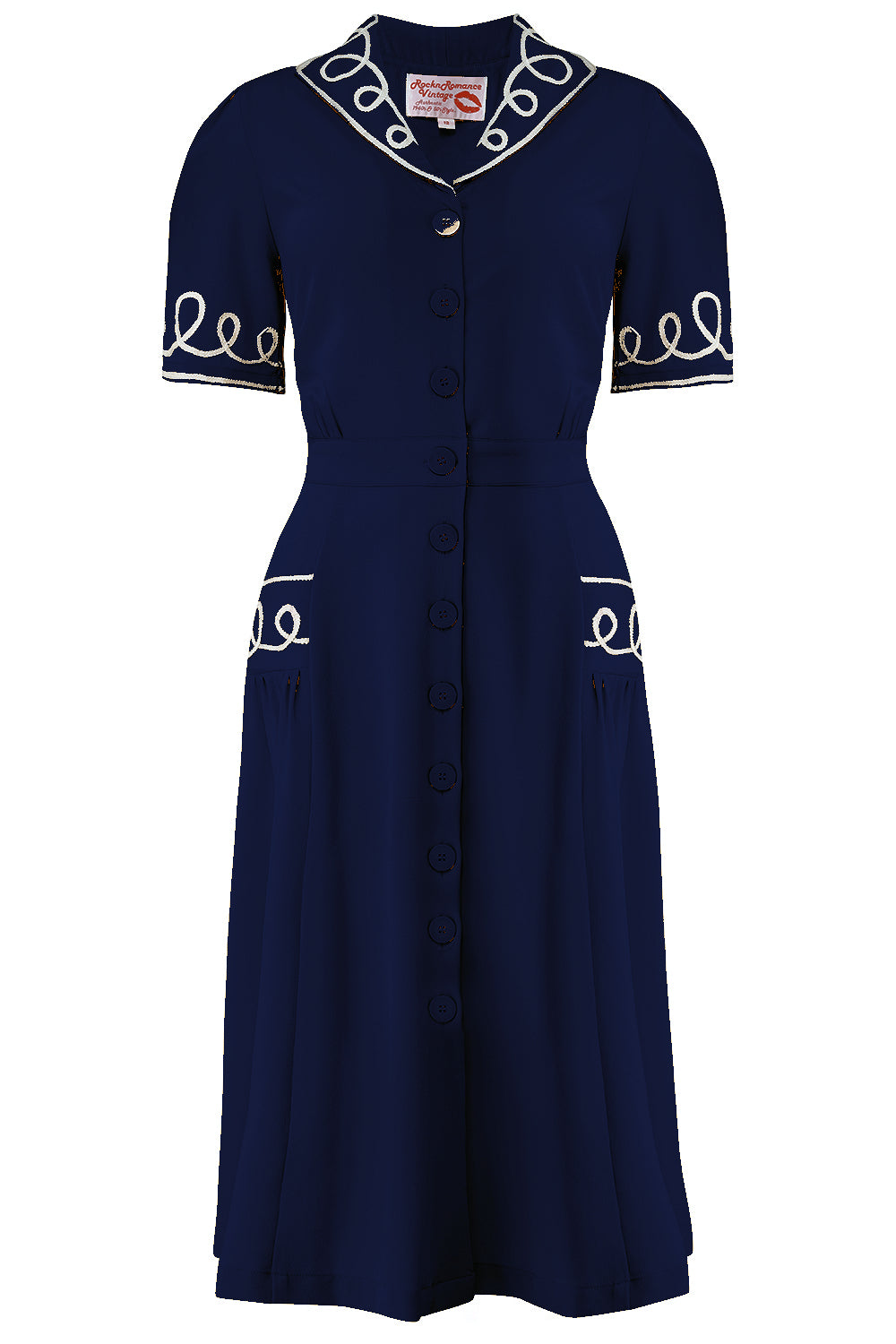 The "Loopy-Lou" Shirtwaister Dress in Navy with Contrast RicRac, True 1950s Vintage Style - True and authentic vintage style clothing, inspired by the Classic styles of CC41 , WW2 and the fun 1950s RocknRoll era, for everyday wear plus events like Goodwood Revival, Twinwood Festival and Viva Las Vegas Rockabilly Weekend Rock n Romance Rock n Romance