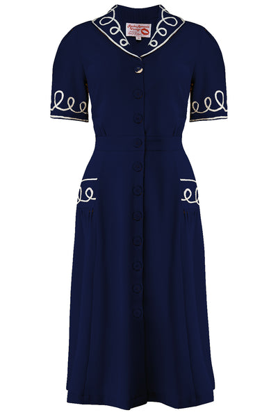 The "Loopy-Lou" Shirtwaister Dress in Navy with Contrast RicRac, True 1950s Vintage Style - True and authentic vintage style clothing, inspired by the Classic styles of CC41 , WW2 and the fun 1950s RocknRoll era, for everyday wear plus events like Goodwood Revival, Twinwood Festival and Viva Las Vegas Rockabilly Weekend Rock n Romance Rock n Romance