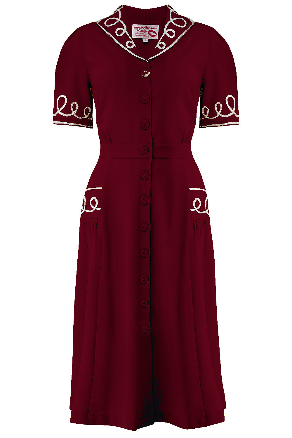 The "Loopy-Lou" Shirtwaister Dress in Wine with Contrast RicRac, True 1950s Vintage Style - True and authentic vintage style clothing, inspired by the Classic styles of CC41 , WW2 and the fun 1950s RocknRoll era, for everyday wear plus events like Goodwood Revival, Twinwood Festival and Viva Las Vegas Rockabilly Weekend Rock n Romance Rock n Romance