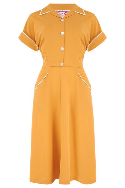 The "Lucille" 2pc Sweetheart Dress & Bolero Set In Mustard & Ivory Contrast, True Late 1940s - Early 50s Vintage Style - True and authentic vintage style clothing, inspired by the Classic styles of CC41 , WW2 and the fun 1950s RocknRoll era, for everyday wear plus events like Goodwood Revival, Twinwood Festival and Viva Las Vegas Rockabilly Weekend Rock n Romance Rock n Romance