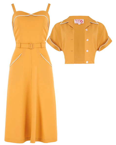 The "Lucille" 2pc Sweetheart Dress & Bolero Set In Mustard & Ivory Contrast, True Late 1940s - Early 50s Vintage Style - True and authentic vintage style clothing, inspired by the Classic styles of CC41 , WW2 and the fun 1950s RocknRoll era, for everyday wear plus events like Goodwood Revival, Twinwood Festival and Viva Las Vegas Rockabilly Weekend Rock n Romance Rock n Romance