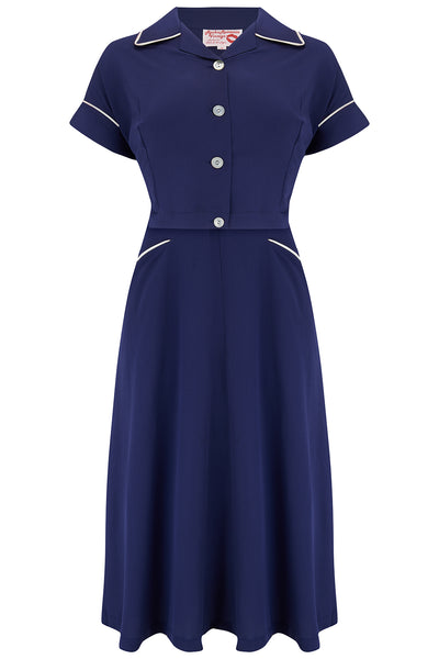 The "Lucille" 2pc Sweetheart Dress & Bolero Set In Navy & Ivory Contrast, True Late 1940s - Early 50s Vintage Style - True and authentic vintage style clothing, inspired by the Classic styles of CC41 , WW2 and the fun 1950s RocknRoll era, for everyday wear plus events like Goodwood Revival, Twinwood Festival and Viva Las Vegas Rockabilly Weekend Rock n Romance Rock n Romance