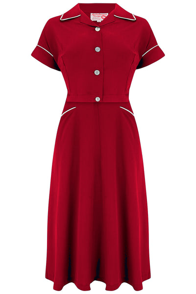 The "Lucille" 2pc Sweetheart Dress & Bolero Set In Red & Ivory Contrast, True Late 1940s - Early 50s Vintage Style - True and authentic vintage style clothing, inspired by the Classic styles of CC41 , WW2 and the fun 1950s RocknRoll era, for everyday wear plus events like Goodwood Revival, Twinwood Festival and Viva Las Vegas Rockabilly Weekend Rock n Romance Rock n Romance