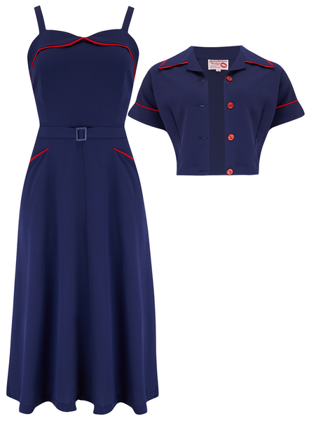 The "Lucille" 2pc Sweetheart Dress & Bolero Set In Navy & Red Contrast, True Late 1940s - Early 50s Vintage Style - True and authentic vintage style clothing, inspired by the Classic styles of CC41 , WW2 and the fun 1950s RocknRoll era, for everyday wear plus events like Goodwood Revival, Twinwood Festival and Viva Las Vegas Rockabilly Weekend Rock n Romance Rock n Romance