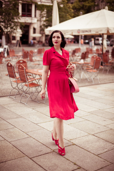 "Peggy" Wrap Dress in Solid Red, Classic 1940s Vintage Inspired Style - CC41, Goodwood Revival, Twinwood Festival, Viva Las Vegas Rockabilly Weekend Rock n Romance The Seamstress of Bloomsbury
