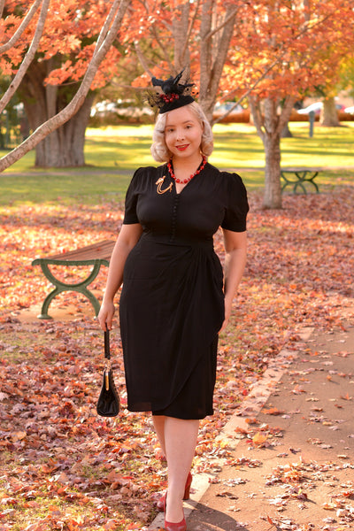 "Mabel" Dress in Solid Black, A Classic 1940s Inspired Vintage Style - CC41, Goodwood Revival, Twinwood Festival, Viva Las Vegas Rockabilly Weekend Rock n Romance The Seamstress of Bloomsbury