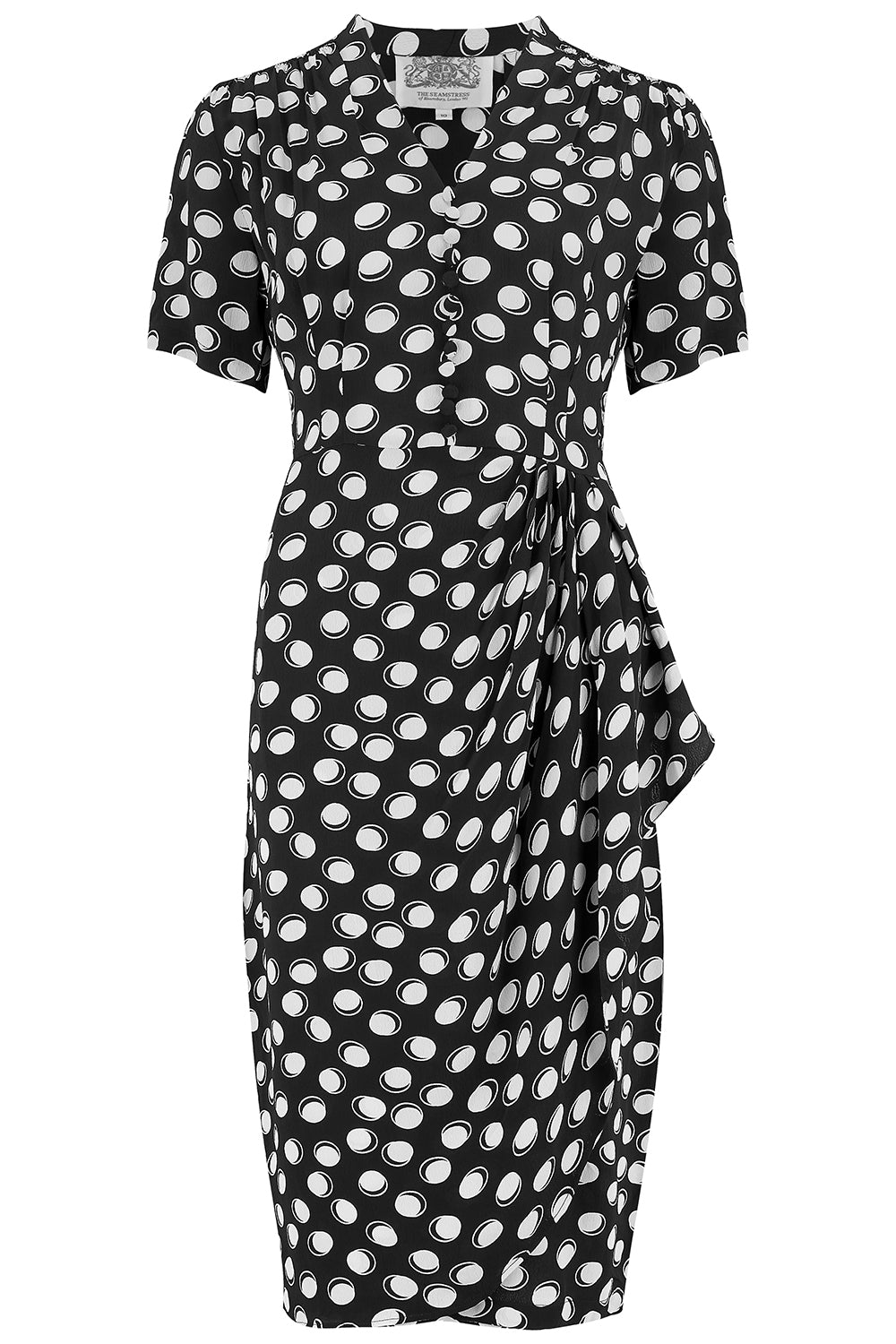 "Mabel" Dress in Black Moonshine Print, A Classic 1940s Inspired Vintage Style - True and authentic vintage style clothing, inspired by the Classic styles of CC41 , WW2 and the fun 1950s RocknRoll era, for everyday wear plus events like Goodwood Revival, Twinwood Festival and Viva Las Vegas Rockabilly Weekend Rock n Romance The Seamstress of Bloomsbury