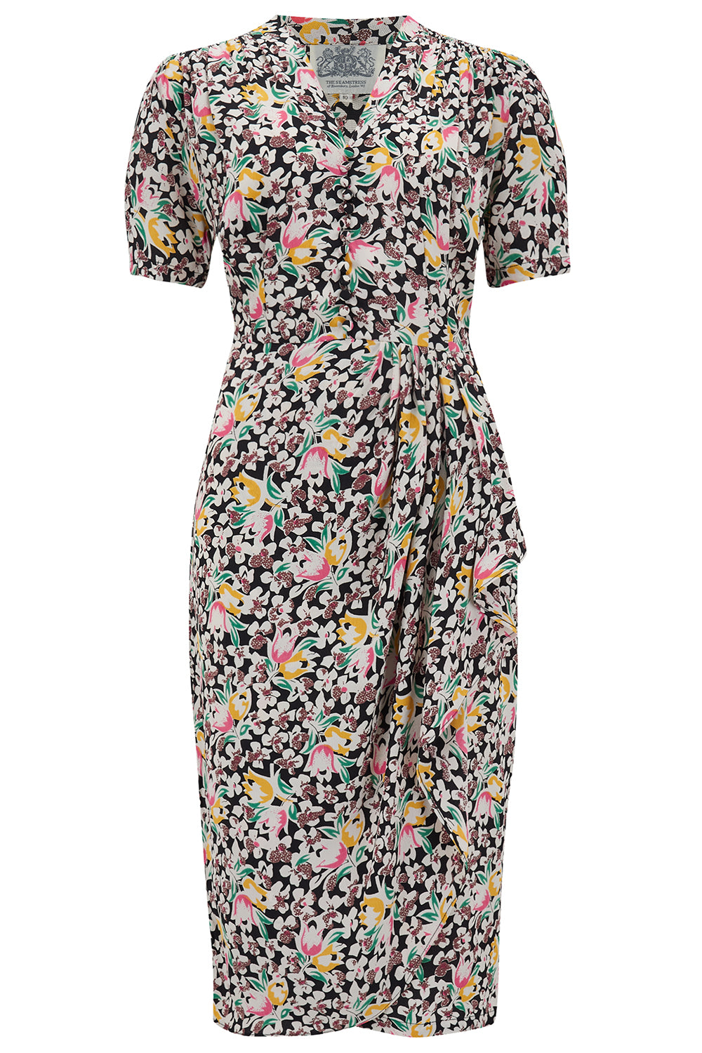 "Mabel" Dress in Tulip Print, A Classic 1940s Inspired Vintage Style - True and authentic vintage style clothing, inspired by the Classic styles of CC41 , WW2 and the fun 1950s RocknRoll era, for everyday wear plus events like Goodwood Revival, Twinwood Festival and Viva Las Vegas Rockabilly Weekend Rock n Romance The Seamstress of Bloomsbury