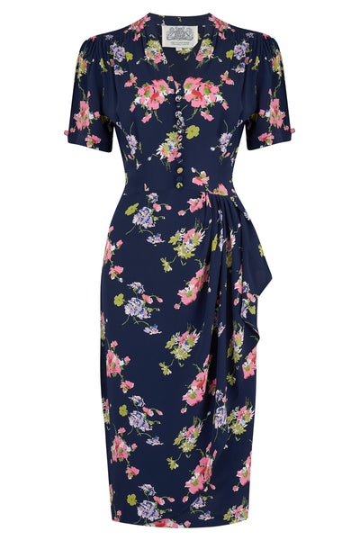 "Mabel" Dress in Navy Mayflower Print, A Classic 1940s True Vintage Inspired Style - True and authentic vintage style clothing, inspired by the Classic styles of CC41 , WW2 and the fun 1950s RocknRoll era, for everyday wear plus events like Goodwood Revival, Twinwood Festival and Viva Las Vegas Rockabilly Weekend Rock n Romance The Seamstress of Bloomsbury
