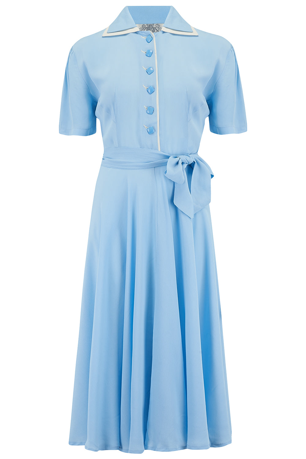 "Mae" Tea Dress in Powder Blue with Cream Contrasts, Classic 1940s Vintage Style - True and authentic vintage style clothing, inspired by the Classic styles of CC41 , WW2 and the fun 1950s RocknRoll era, for everyday wear plus events like Goodwood Revival, Twinwood Festival and Viva Las Vegas Rockabilly Weekend Rock n Romance The Seamstress of Bloomsbury