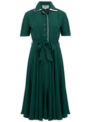 "Mae" Tea Dress in Green with Cream Contrasts, Classic 1940s Inspired Vintage Style