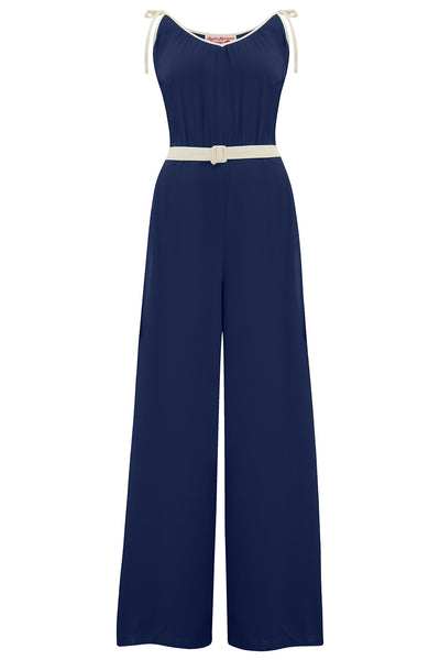 The "Marcie" Jump Suit in Navy Blue With Ivory Contrasts, True & Authentic 1950s Vintage Style - True and authentic vintage style clothing, inspired by the Classic styles of CC41 , WW2 and the fun 1950s RocknRoll era, for everyday wear plus events like Goodwood Revival, Twinwood Festival and Viva Las Vegas Rockabilly Weekend Rock n Romance Rock n Romance