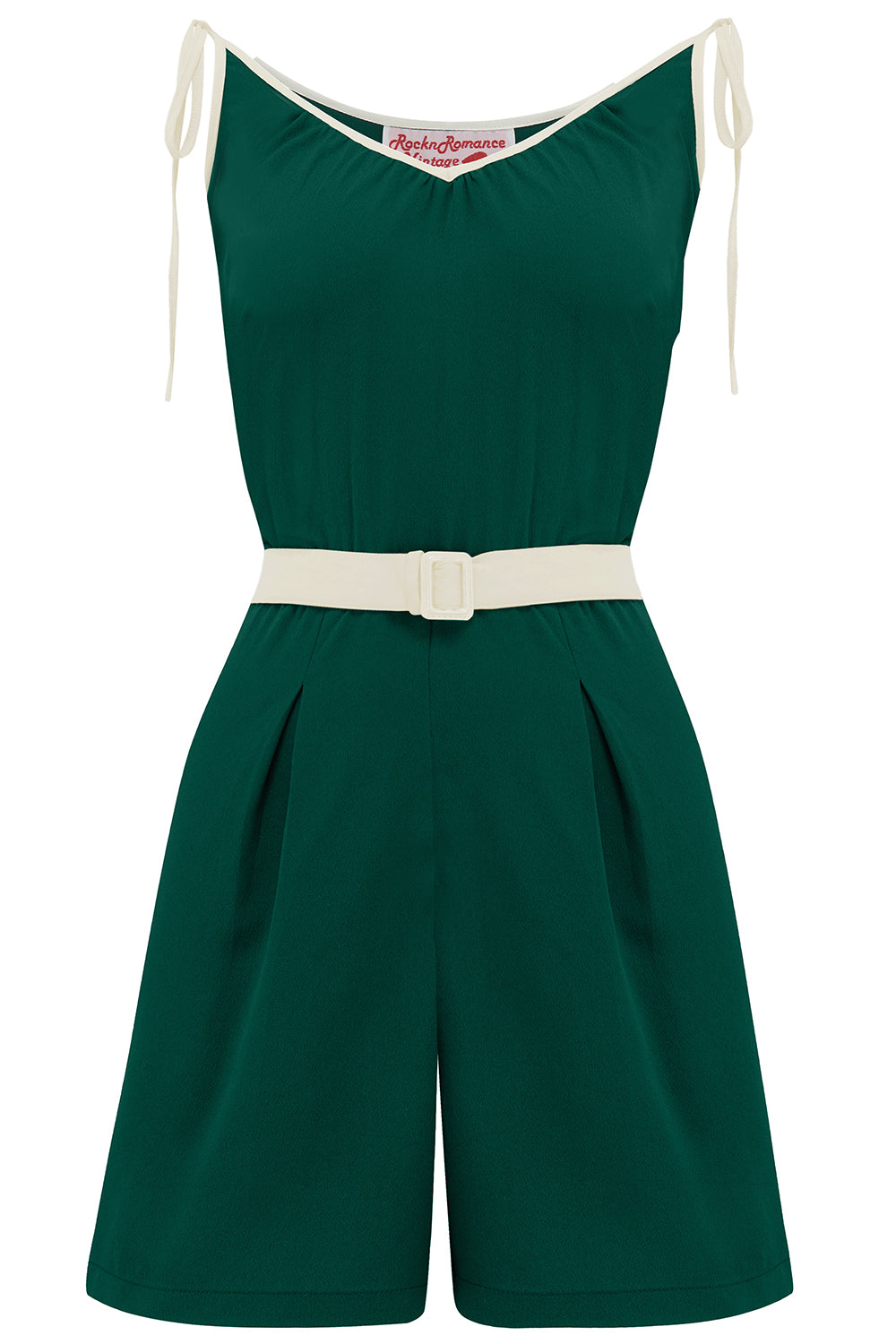 The "Marcie" Beach Playsuit / Romper in Green With Ivory Contrasts, True & Authentic 1950s Vintage Style - True and authentic vintage style clothing, inspired by the Classic styles of CC41 , WW2 and the fun 1950s RocknRoll era, for everyday wear plus events like Goodwood Revival, Twinwood Festival and Viva Las Vegas Rockabilly Weekend Rock n Romance Rock n Romance