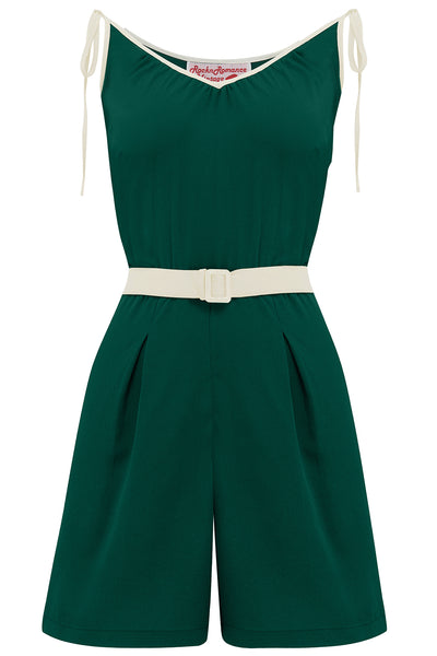 The "Marcie" Beach Playsuit / Romper in Green With Ivory Contrasts, True & Authentic 1950s Vintage Style - True and authentic vintage style clothing, inspired by the Classic styles of CC41 , WW2 and the fun 1950s RocknRoll era, for everyday wear plus events like Goodwood Revival, Twinwood Festival and Viva Las Vegas Rockabilly Weekend Rock n Romance Rock n Romance