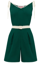 The "Marcie" Beach Playsuit / Romper in Green With Ivory Contrasts, True & Authentic 1950s Vintage Style
