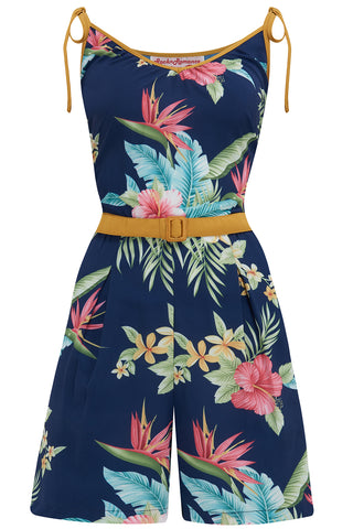 The "Marcie" Beach Playsuit / Romper in Navy Honolulu With Mustard Contrasts, True & Authentic 1950s Vintage Style - True and authentic vintage style clothing, inspired by the Classic styles of CC41 , WW2 and the fun 1950s RocknRoll era, for everyday wear plus events like Goodwood Revival, Twinwood Festival and Viva Las Vegas Rockabilly Weekend Rock n Romance Rock n Romance