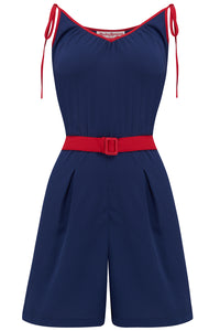 The "Marcie" Beach Playsuit / Romper in Navy With Red Contrasts, True & Authentic 1950s Vintage Style - True and authentic vintage style clothing, inspired by the Classic styles of CC41 , WW2 and the fun 1950s RocknRoll era, for everyday wear plus events like Goodwood Revival, Twinwood Festival and Viva Las Vegas Rockabilly Weekend Rock n Romance Rock n Romance