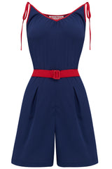 The "Marcie" Beach Playsuit / Romper in Navy With Red Contrasts, True & Authentic 1950s Vintage Style