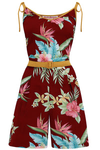 The "Marcie" Beach Playsuit / Romper in Wine Honolulu With Mustard Contrasts, True & Authentic 1950s Vintage Style - True and authentic vintage style clothing, inspired by the Classic styles of CC41 , WW2 and the fun 1950s RocknRoll era, for everyday wear plus events like Goodwood Revival, Twinwood Festival and Viva Las Vegas Rockabilly Weekend Rock n Romance Rock n Romance