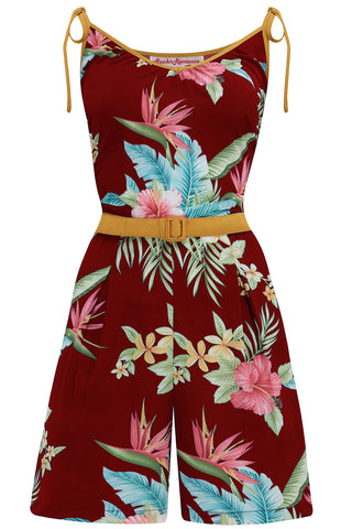 The "Marcie" Beach Playsuit / Romper in Wine Honolulu With Mustard Contrasts, True & Authentic 1950s Vintage Style - True and authentic vintage style clothing, inspired by the Classic styles of CC41 , WW2 and the fun 1950s RocknRoll era, for everyday wear plus events like Goodwood Revival, Twinwood Festival and Viva Las Vegas Rockabilly Weekend Rock n Romance Rock n Romance