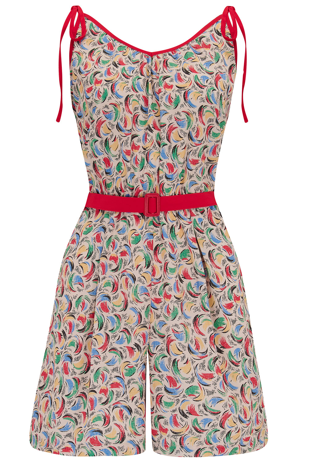 The "Marcie" Beach Playsuit / Romper in Tutti Frutti print With Red Contrasts, True & Authentic 1950s Vintage Style - True and authentic vintage style clothing, inspired by the Classic styles of CC41 , WW2 and the fun 1950s RocknRoll era, for everyday wear plus events like Goodwood Revival, Twinwood Festival and Viva Las Vegas Rockabilly Weekend Rock n Romance Rock n Romance