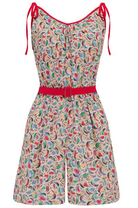 The "Marcie" Beach Playsuit / Romper in Tutti Frutti print With Red Contrasts, True & Authentic 1950s Vintage Style - True and authentic vintage style clothing, inspired by the Classic styles of CC41 , WW2 and the fun 1950s RocknRoll era, for everyday wear plus events like Goodwood Revival, Twinwood Festival and Viva Las Vegas Rockabilly Weekend Rock n Romance Rock n Romance