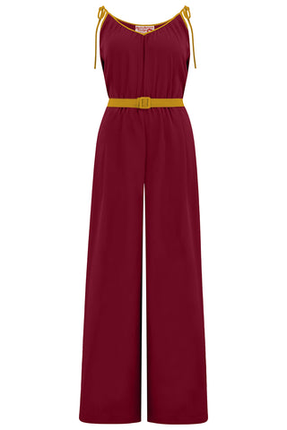 The "Marcie" Jump Suit in Wine With Mustard Contrasts, True & Authentic 1950s Vintage Style - True and authentic vintage style clothing, inspired by the Classic styles of CC41 , WW2 and the fun 1950s RocknRoll era, for everyday wear plus events like Goodwood Revival, Twinwood Festival and Viva Las Vegas Rockabilly Weekend Rock n Romance Rock n Romance
