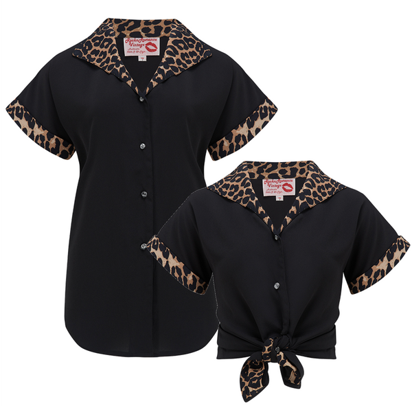 Tuck in or Tie Up "Maria" Blouse in Black With Leopard Print Contrasts, Authentic 1950s - True and authentic vintage style clothing, inspired by the Classic styles of CC41 , WW2 and the fun 1950s RocknRoll era, for everyday wear plus events like Goodwood Revival, Twinwood Festival and Viva Las Vegas Rockabilly Weekend Rock n Romance Rock n Romance